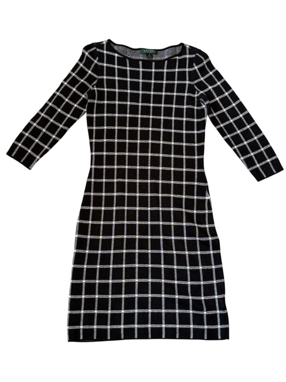 Lauren Ralph Lauren Black White Grid Print Knit Dress Petite Medium Career